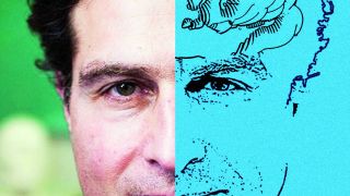 Das Bild zeigt die obere Partie eines Gesichts mit Augen und Nase. Auf der linken Seite sieht man das echte Foto und die linke Seite ist in blau mit dem Gesicht als Zeichnung.