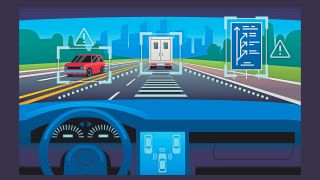 Zeichnung eines Auto-Cockpits, vorne sieht man einen LKW und ein Auto auf der Straße. Die KI scheint zu analysieren worum es sich handelt.