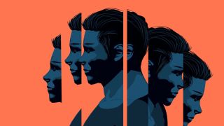 Diese Grafik mit orangem Hintergrund zeigt den Kopf eines Mannes in blau mehrmals. Rechts und links sieht man den Kopf geschnitten.