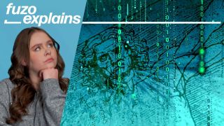 Caroline Hainz von Futurezone Explains mit Leonardo da Vincis Mann und Datenlinien