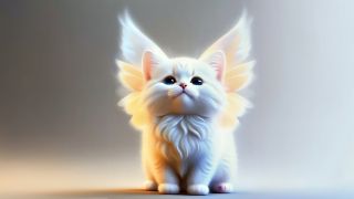 Man sieht eine süße weiße Katze mit Flügeln im diffusen Licht.