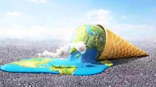 Das Bild zeigt die Erde als eine Eiskugel auf einer Eiswaffel am Asphaltboden liegend. Teile des Ozeans und der amerikanische Kontinent sind schon auf den Boden geschmolzen.